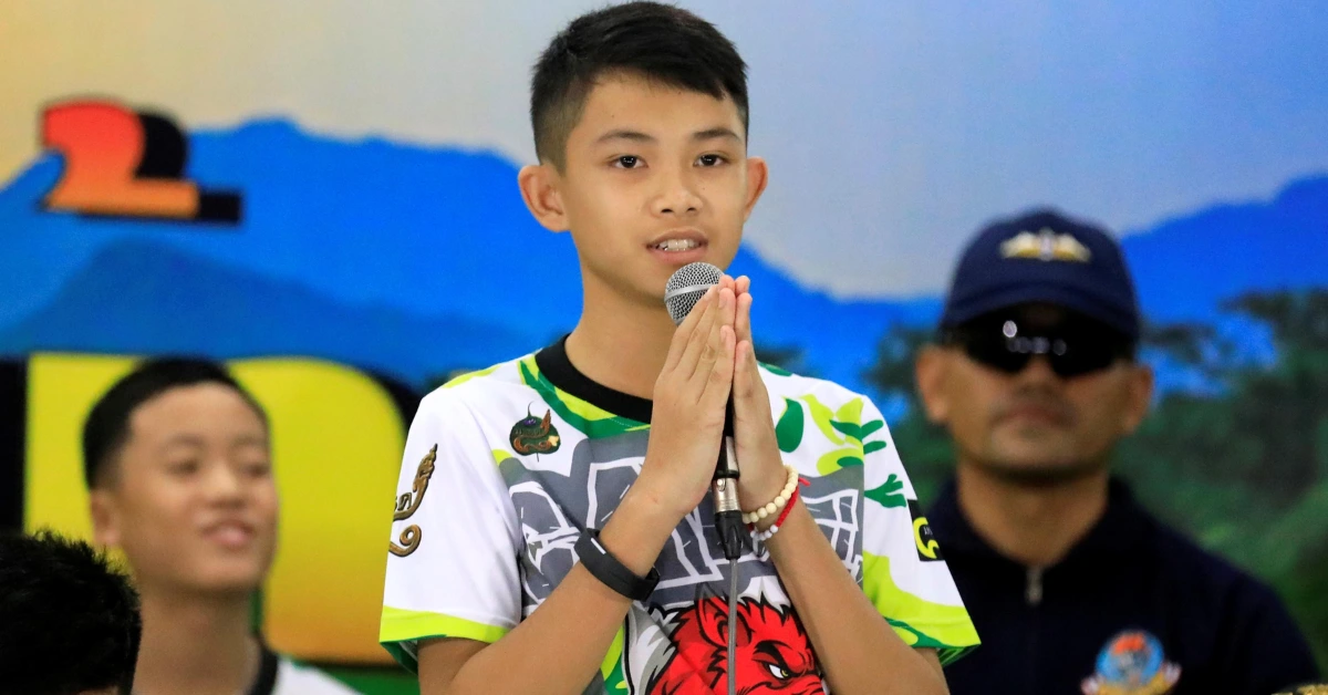 Duangpetch Phromthep speaks at a news conference in Thailand following his rescue from a cave in July 2018.
