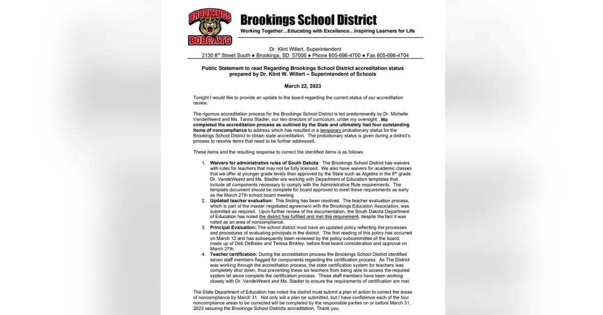 Superintendent of Brookings resigns amid district probation status 
